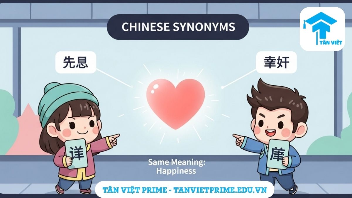 Infographic giải thích khái niệm từ đồng nghĩa tiếng Trung, mô tả hai nhân vật chibi dễ thương, mỗi người cầm một từ tiếng Trung khác nhau ('高兴' và '开心') nhưng cùng chỉ vào một biểu tượng trái tim lớn, tượng trưng cho ý nghĩa chung là 'hạnh phúc', để làm rõ rằng các từ khác nhau có thể cùng chung một ý nghĩa. Giúp người học Hán ngữ hiểu bản chất của 同义词.