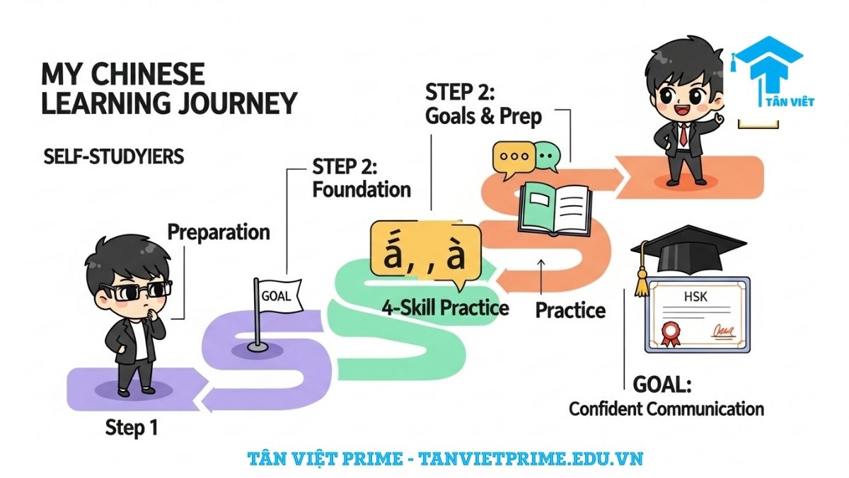 Tự Học Tiếng Trung Tại Nhà: Cẩm Nang Toàn Diện Từ A-Z (2025) 2 Infographic giải thích lộ trình tự học tiếng Trung tại nhà, mô tả một con đường gồm 4 bước từ chuẩn bị, xây dựng nền tảng (phát âm, chữ Hán), luyện tập 4 kỹ năng, đến mục tiêu giao tiếp tự tin để làm rõ quá trình học một cách hệ thống. Giúp người mới bắt đầu có định hướng rõ ràng.