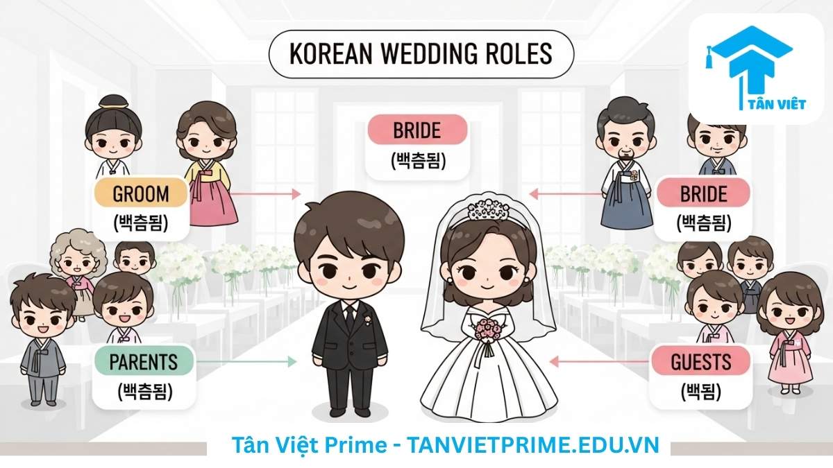 Từ Vựng Tiếng Hàn Về Đám Cưới: Cẩm Nang Toàn Diện (Kèm Văn Hóa) 2 Infographic giải thích các vai trò trong đám cưới Hàn Quốc, mô tả hình ảnh chibi dễ thương của chú rể, cô dâu, cha mẹ và khách mời để làm rõ các nhân vật chính. Học từ vựng tiếng Hàn về đám cưới qua hình ảnh minh họa.