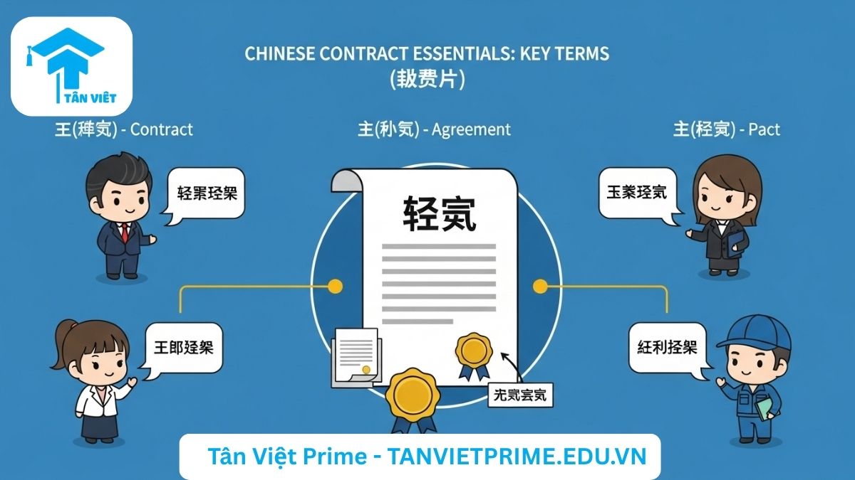 Infographic giải thích các thuật ngữ cơ bản về hợp đồng tiếng Trung, mô tả chữ 合同 ở trung tâm với các nhân vật chibi đại diện cho doanh nhân, luật sư, sinh viên tương tác với các từ 协议, 契约, 合约, làm rõ các khái niệm nền tảng trong giao dịch kinh doanh.