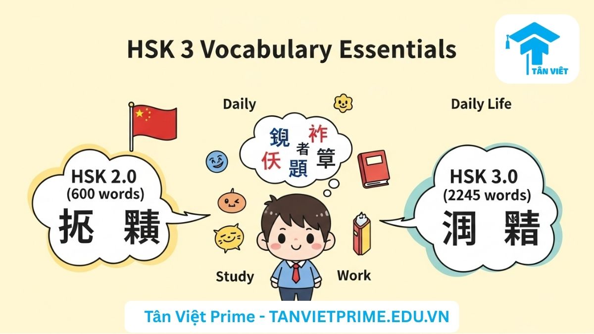 Từ Vựng HSK 3: Trọn Bộ 600 Từ Theo Chuẩn HSK 2.0 (Kèm PDF & Ví Dụ) 2 Infographic giải thích tổng quan về từ vựng HSK 3, mô tả sự khác biệt giữa chuẩn 2.0 (600 từ) và 3.0 (2245 từ) thông qua hình ảnh chibi một học sinh và đám mây từ ngữ để làm rõ các yêu cầu về từ vựng. Thúc đẩy việc học HSK 3 hiệu quả và đầy đủ.