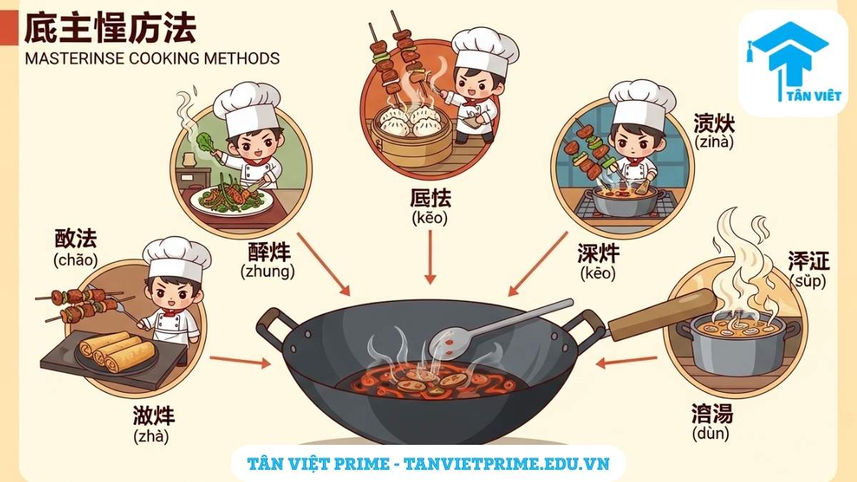500+ Từ Vựng Nấu Ăn Tiếng Trung (Pinyin): Trọn Bộ Dụng Cụ, Chế Biến & Gia Vị 2 Infographic giải thích các phương pháp chế biến món ăn bằng tiếng Trung, mô tả năm hành động nấu ăn chính như xào (炒), hấp (蒸), nướng (烤), rán (炸), và hầm (炖) được minh họa bởi các nhân vật chibi để làm rõ sự khác biệt giữa các kỹ thuật nấu ăn. Học từ vựng nấu ăn tiếng Trung hiệu quả.