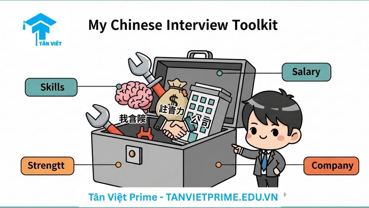Từ Vựng Phỏng Vấn Tiếng Trung & Cách Trả Lời Ghi Điểm Tuyệt Đối 3 Infographic giải thích các nhóm từ vựng phỏng vấn tiếng Trung, mô tả một hộp công cụ chứa các biểu tượng về kỹ năng, lương bổng, điểm mạnh và công ty, nhằm làm rõ những thuật ngữ quan trọng cần chuẩn bị. Giúp ứng viên tự tin giao tiếp chuyên nghiệp.