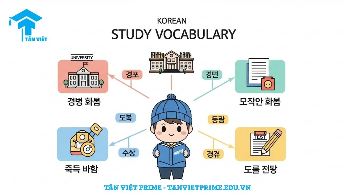 Infographic giải thích từ vựng tiếng Hàn chủ đề học tập, mô tả một sơ đồ tư duy với các nhánh chính như trường học, địa điểm, dụng cụ học tập và thi cử để hệ thống hóa kiến thức. Bao gồm các từ vựng tiếng Hàn cơ bản.