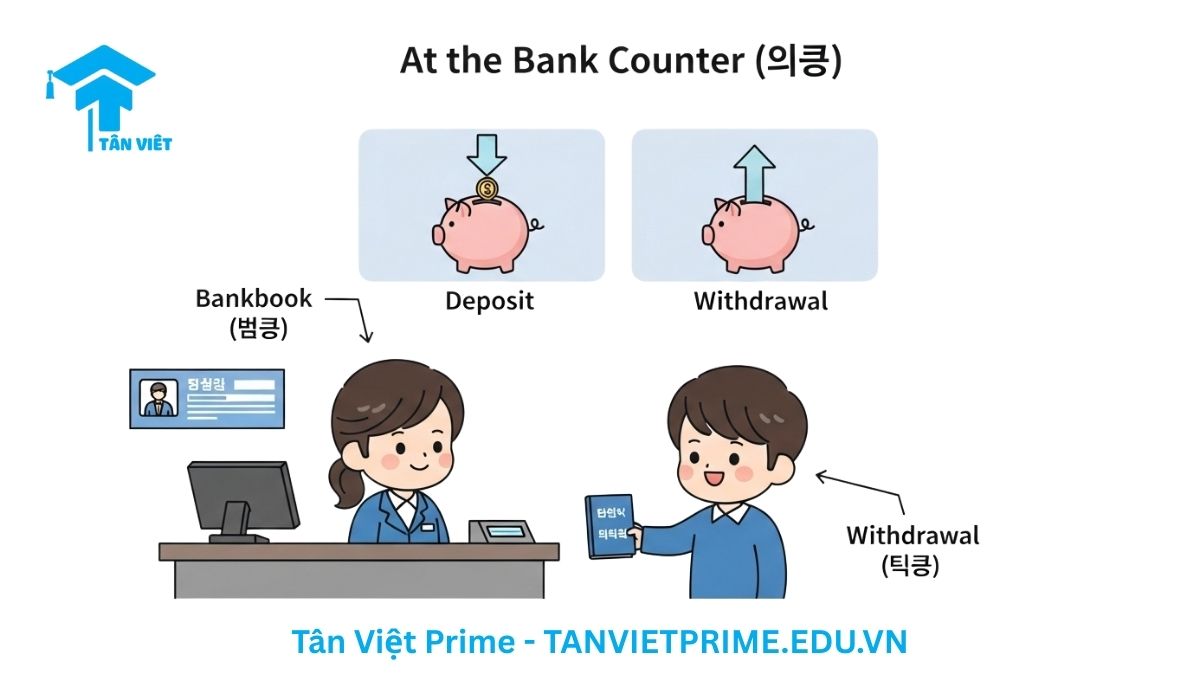 Hình ảnh minh họa giải thích từ vựng tiếng Hàn về giao dịch ngân hàng, mô tả một khách hàng chibi đang gửi sổ tài khoản cho nhân viên tại quầy để làm rõ các hành động Nạp tiền (입금) và Rút tiền (출금).