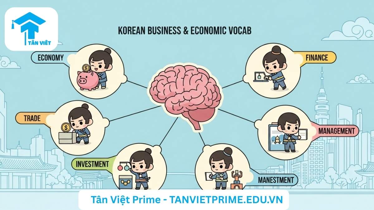 Infographic giải thích các từ vựng tiếng Hàn về kinh tế, mô tả sơ đồ tư duy với các chủ đề tài chính, thương mại, đầu tư, quản lý được minh họa bằng nhân vật chibi đáng yêu để làm rõ khái niệm cốt lõi. Hỗ trợ học từ vựng hiệu quả cho người đi làm và ôn thi TOPIK.