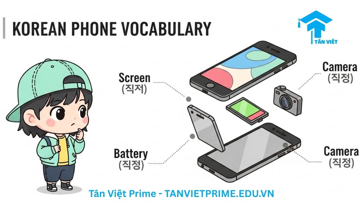 Infographic giải thích từ vựng tiếng Hàn về linh kiện điện thoại, mô tả một chiếc điện thoại được 'mổ xẻ' với các bộ phận chính như màn hình, pin, camera được chú thích bằng tiếng Hàn. Giúp người học nhận diện và ghi nhớ từ vựng công nghệ dễ dàng.