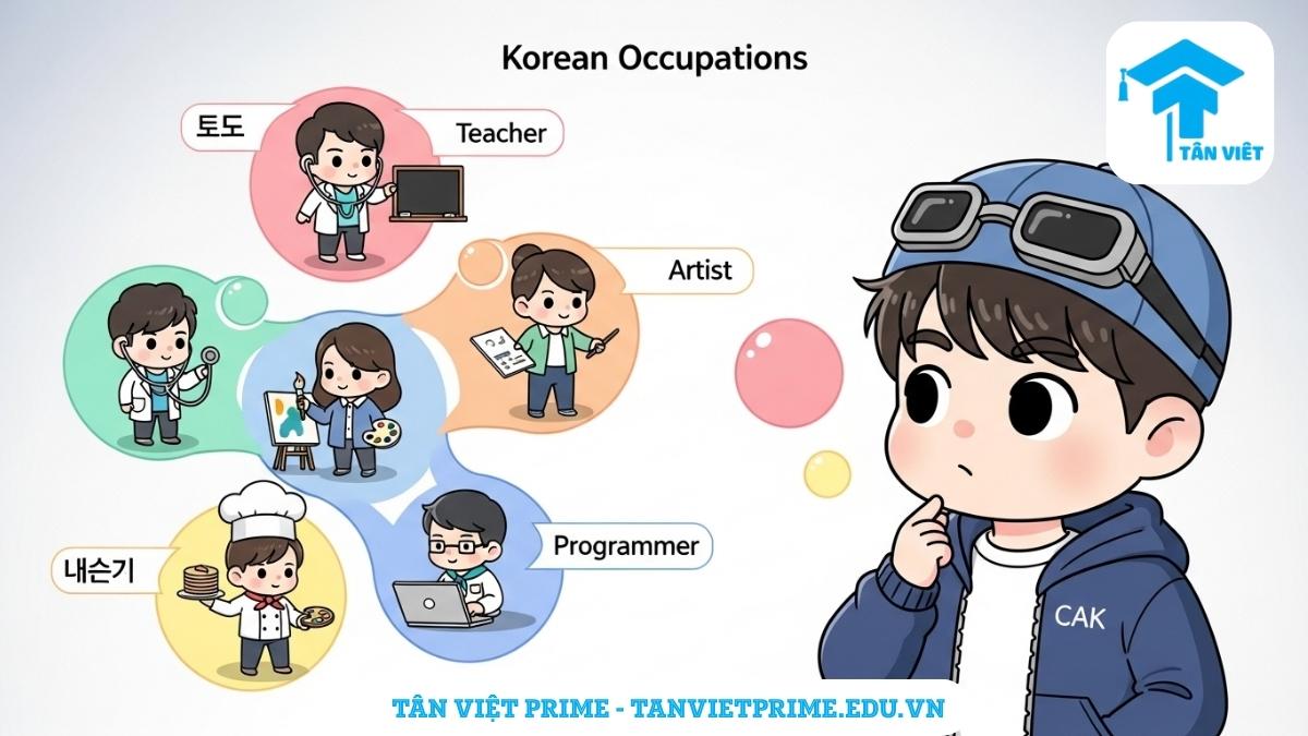 Infographic giải thích các ngành nghề phổ biến trong tiếng Hàn, mô tả một nhân vật chibi đang khám phá các bong bóng chứa hình ảnh bác sĩ, giáo viên, họa sĩ, lập trình viên, và đầu bếp để làm rõ sự đa dạng của các nghề nghiệp. Giúp người học hình dung và ghi nhớ từ vựng nghề nghiệp (직업) theo từng lĩnh vực.