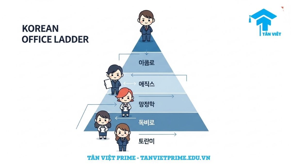 Sơ đồ infographic giải thích hệ thống chức vụ trong công ty Hàn Quốc, mô tả một kim tự tháp với các nhân vật chibi minh họa các cấp bậc từ Chủ tịch (회장), Giám đốc (사장) đến Nhân viên (사원) để làm rõ cấu trúc phân cấp trong môi trường công sở. Giúp hiểu rõ văn hóa và cách xưng hô trong công ty Hàn.