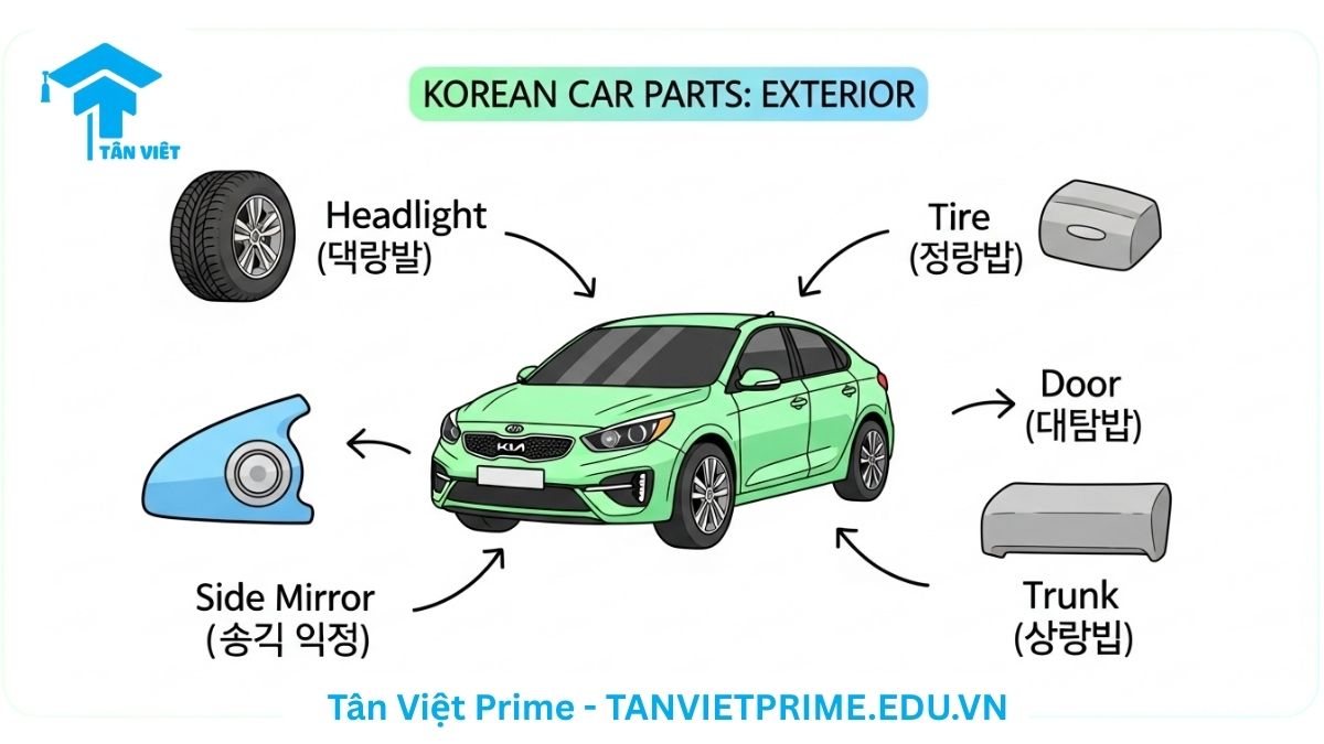 Infographic giải thích từ vựng tiếng Hàn về ngoại thất ô tô, mô tả một chiếc xe hơi phong cách chibi dễ thương với các chú thích chỉ vào đèn pha, lốp xe, gương, cửa để làm rõ tên gọi các bộ phận xe. Học từ vựng tiếng Hàn qua hình ảnh trực quan.