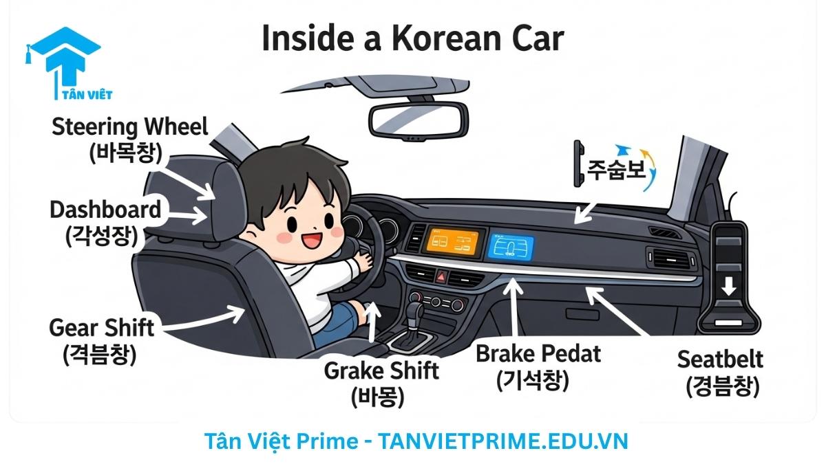 Infographic giải thích từ vựng tiếng Hàn về nội thất xe ô tô, mô tả bảng điều khiển, vô lăng, cần số từ góc nhìn người lái để làm rõ tên gọi các thiết bị bên trong xe. Bao gồm các từ vựng tiếng Hàn quan trọng khi lái xe.