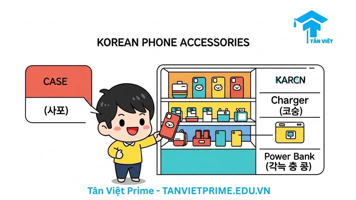 Hình ảnh minh họa từ vựng tiếng Hàn về phụ kiện điện thoại, mô tả một nhân vật chibi dễ thương đang chọn mua ốp lưng, sạc dự phòng, với tên gọi tiếng Hàn được chú thích rõ ràng. Giúp tự tin mua sắm phụ kiện tại Hàn Quốc