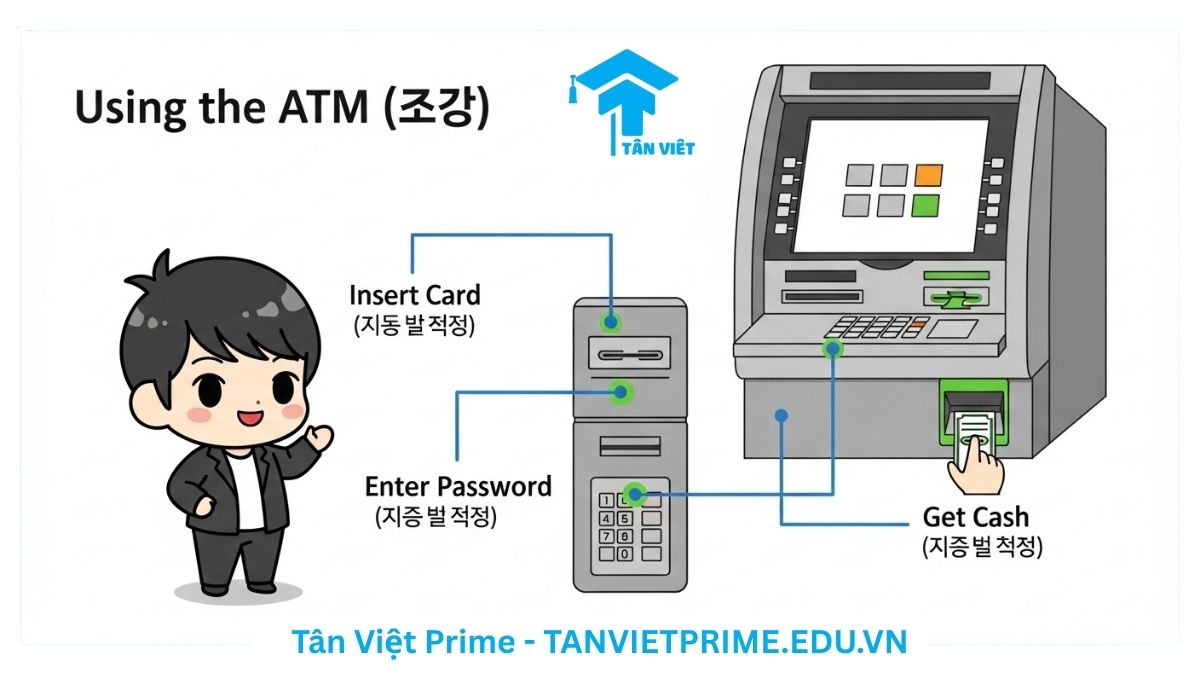 Sơ đồ giải thích từ vựng tiếng Hàn về cách dùng máy ATM, mô tả một nhân vật chibi đang thao tác trên máy rút tiền tự động để làm rõ các bước chèn thẻ, nhập mật khẩu và rút tiền mặt.
