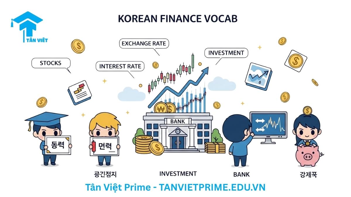 Hình ảnh minh họa từ vựng tiếng Hàn chuyên ngành tài chính và đầu tư, mô tả các nhân vật chibi tương tác với cổ phiếu, tỷ giá, ngân hàng để làm rõ các thuật ngữ quan trọng. Hỗ trợ người học hiểu sâu về lĩnh vực tài chính.