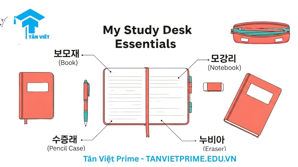 Hình ảnh minh họa giải thích từ vựng tiếng Hàn về đồ dùng học tập, mô tả các vật dụng trên bàn học như sách, vở, hộp bút được sắp xếp gọn gàng và chú thích song ngữ để làm rõ tên gọi các dụng cụ học tập thiết yếu. Giúp ghi nhớ từ vựng chủ đề văn phòng phẩm một cách trực quan.