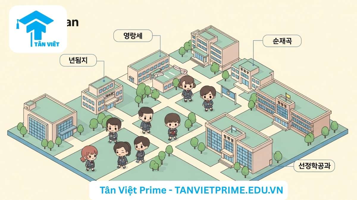 Infographic giải thích từ vựng tiếng Hàn về các địa điểm trong trường học, mô tả một sơ đồ 3D (isometric) của khuôn viên trường với các tòa nhà như thư viện, ký túc xá được chú thích bằng tiếng Hàn để làm rõ cách gọi tên các khu vực học tập và sinh hoạt. Giúp người học hình dung và ghi nhớ từ vựng hiệu quả hơn.