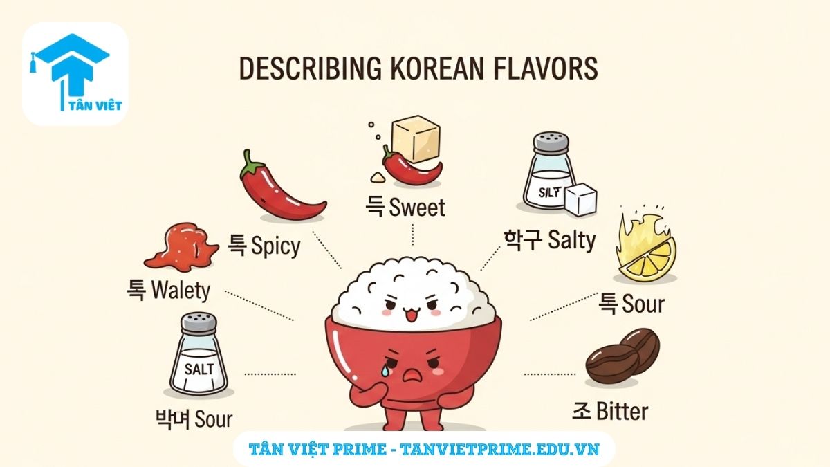 Infographic giải thích từ vựng tiếng Hàn về món ăn, mô tả hình ảnh chibi dễ thương của 4 món ăn Hàn Quốc nổi tiếng: Bibimbap, Kimchi Jjigae, Samgyeopsal, và Tteokbokki, kèm theo tên tiếng Hàn của chúng để làm rõ cách gọi tên các món ăn phổ biến. Giúp người học ghi nhớ tên các món ăn Hàn Quốc một cách trực quan và thú vị.