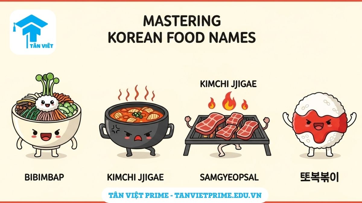 Infographic giải thích các tính từ chỉ hương vị trong tiếng Hàn, mô tả một nhân vật chibi thể hiện các vị cay, ngọt, mặn, chua, đắng qua biểu cảm và icon tương ứng để làm rõ cách miêu tả món ăn. Giúp người học phân biệt và sử dụng đúng các từ vựng về hương vị.