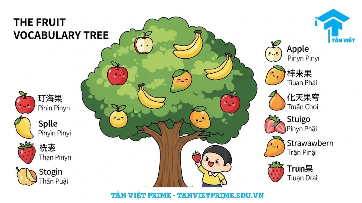 Infographic giải thích từ vựng tiếng Trung về hoa quả, mô tả một cây tri thức lớn với các loại quả như táo, xoài, dâu tây, mỗi quả được chú thích tên tiếng Trung, pinyin và tiếng Việt để giúp người học ghi nhớ từ vựng một cách trực quan.
