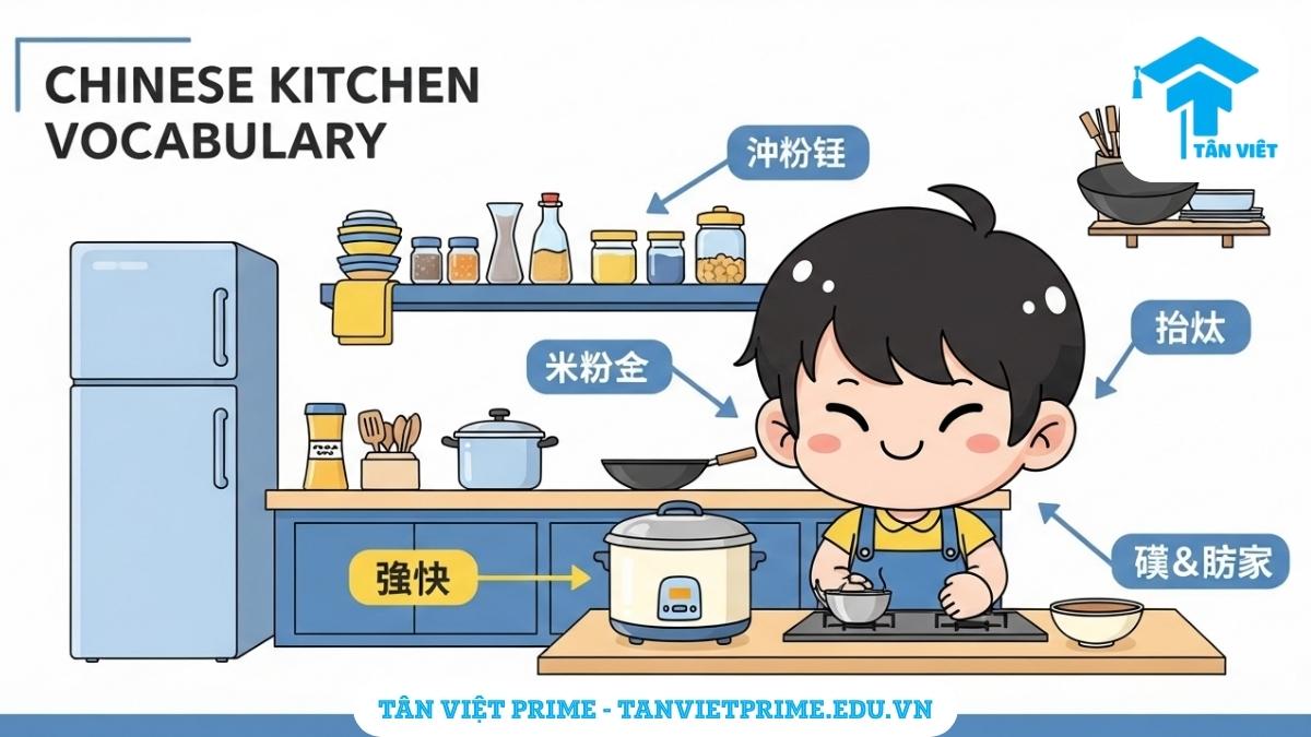 Infographic giải thích từ vựng tiếng Trung chủ đề nhà bếp, mô tả một căn bếp hoạt hình chibi với các vật dụng được chú thích bằng chữ Hán để giúp người học nhận biết và ghi nhớ tên các đồ vật. Học tiếng Trung qua hình ảnh trực quan.