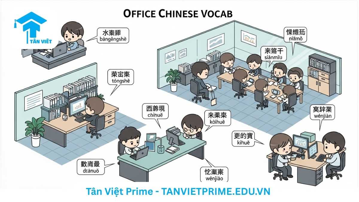 Hình ảnh minh họa từ vựng tiếng Trung về môi trường công sở, mô tả các hoạt động thường ngày và vật dụng văn phòng với các nhãn tiếng Trung để làm rõ các thuật ngữ trong doanh nghiệp. Giúp người học dễ dàng hình dung và áp dụng vào giao tiếp công việc.