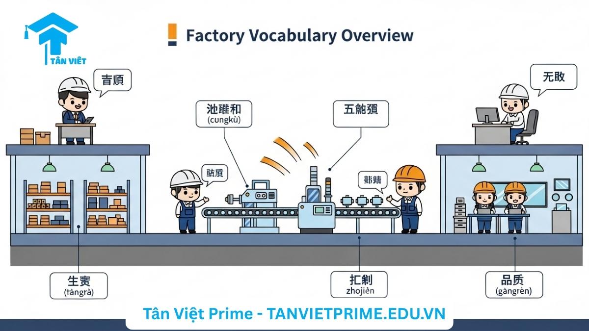 Infographic giải thích từ vựng tiếng Trung công xưởng, mô tả sơ đồ một nhà máy hiện đại với các khu vực như sản xuất (生产线), kho (仓库), và kiểm tra chất lượng (质检), cùng các nhân vật chibi (công nhân, kỹ sư) để làm rõ cấu trúc và các vị trí, bộ phận trong một nhà máy thực tế. [Học tiếng Trung nhà máy, chức vụ tiếng Trung].