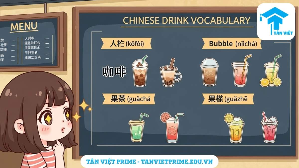 Infographic giải thích từ vựng tiếng Trung về đồ uống, mô tả một menu hiện đại với các mục cà phê, trà sữa, trà trái cây, nước ép và một nhân vật chibi dễ thương để phân loại và ghi nhớ từ vựng hiệu quả.