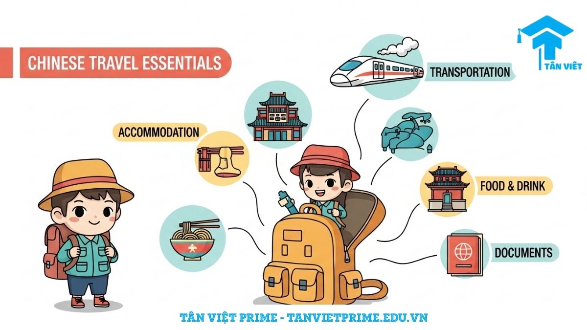 Từ Vựng Tiếng Trung Du Lịch 2025: 150+ Từ & Mẫu Câu "Sống Sót" Phải Biết 2 Infographic giải thích các nhóm từ vựng tiếng Trung du lịch thiết yếu, mô tả một du khách chibi với các biểu tượng cho phương tiện, khách sạn, ẩm thực và giấy tờ bay ra từ ba lô để hệ thống hóa các từ vựng quan trọng nhất. Giúp người học ghi nhớ từ vựng theo chủ đề một cách trực quan.