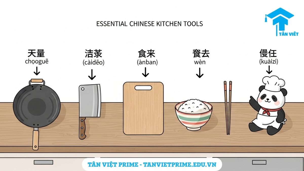500+ Từ Vựng Nấu Ăn Tiếng Trung (Pinyin): Trọn Bộ Dụng Cụ, Chế Biến & Gia Vị 3 Sơ đồ giải thích các dụng cụ nhà bếp thông dụng bằng tiếng Trung, mô tả các vật dụng như chảo (锅), dao (刀), thớt (案板), bát (碗), và đũa (筷子) được sắp xếp gọn gàng để làm rõ tên gọi và hình ảnh của các công cụ nấu ăn thiết yếu. Từ vựng tiếng Trung chủ đề nhà bếp.