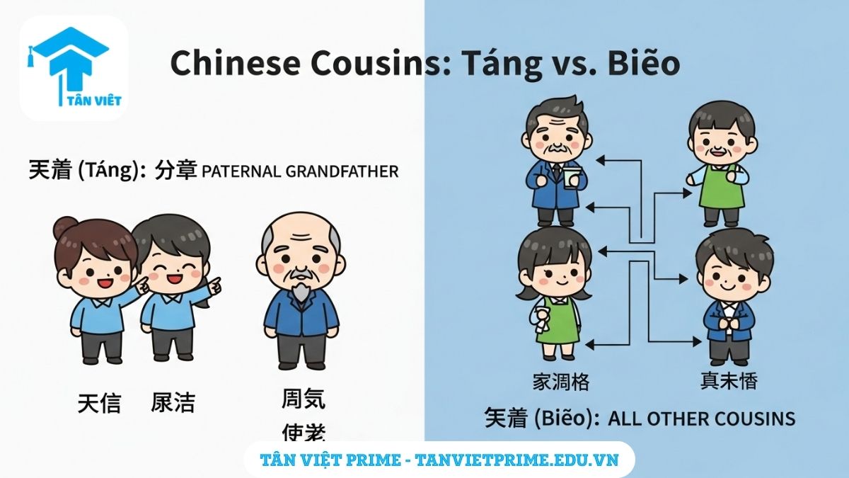 Từ Vựng Tiếng Trung Chủ Đề Gia Đình: Cẩm Nang Xưng Hô Đầy Đủ Nhất 2 Sơ đồ cây gia phả giải thích từ vựng tiếng Trung chủ đề gia đình, mô tả các mối quan hệ từ ông bà, cha mẹ đến anh chị em họ bên nội và bên ngoại để làm rõ cách xưng hô trong gia đình. Giúp ghi nhớ hệ thống từ vựng hiệu quả.