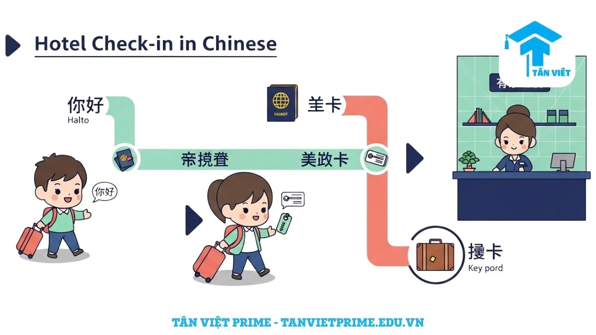 Từ Vựng Tiếng Trung Chủ Đề Khách Sạn: Trọn Bộ Mẫu Câu Giao Tiếp & Hội Thoại 2 Infographic giải thích quy trình check-in khách sạn bằng tiếng Trung, mô tả các bước từ chào hỏi, xác nhận đặt phòng, xuất trình hộ chiếu đến nhận thẻ phòng để làm rõ các mẫu câu giao tiếp cơ bản khi nhận phòng, giúp người học hình dung tình huống thực tế.