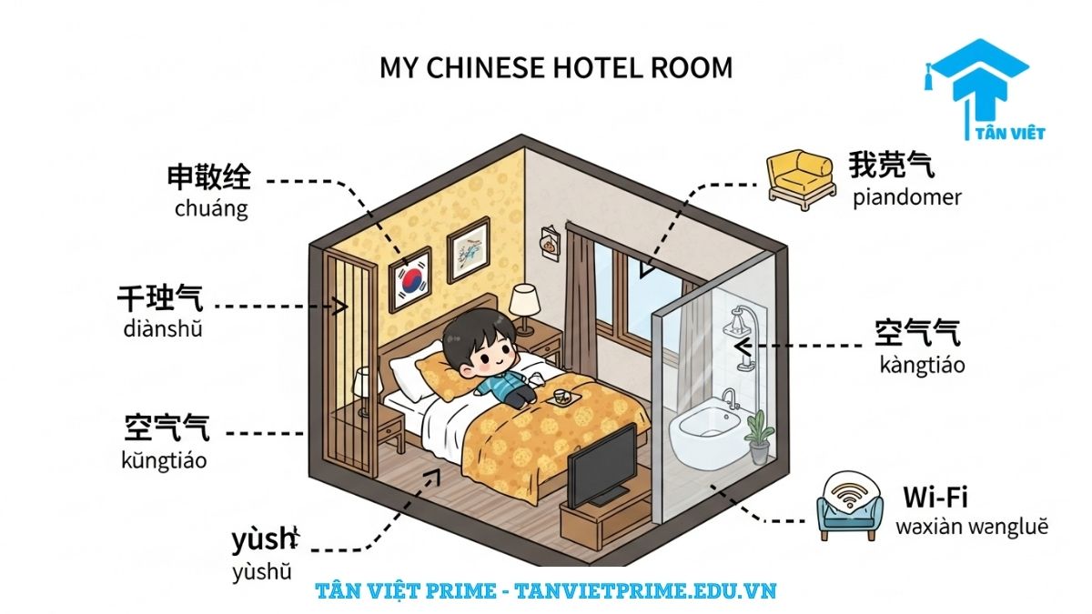 Từ Vựng Tiếng Trung Chủ Đề Khách Sạn: Trọn Bộ Mẫu Câu Giao Tiếp & Hội Thoại 3 Hình ảnh minh họa giải thích từ vựng tiếng Trung về các vật dụng trong phòng khách sạn, mô tả một phòng khách sạn với các đồ vật như giường, TV, điều hòa, phòng tắm được chú thích bằng chữ Hán và phiên âm để làm rõ tên gọi các tiện nghi cơ bản, giúp học từ vựng qua hình ảnh trực quan.