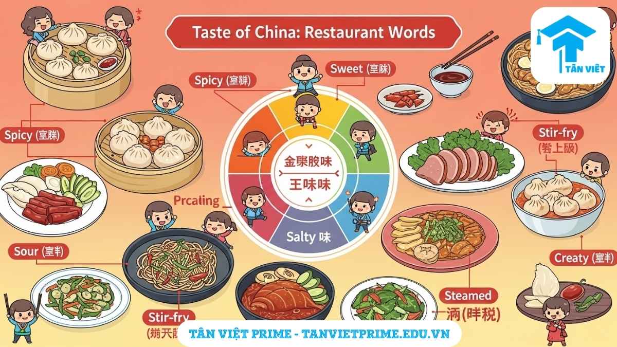 Infographic minh họa từ vựng tiếng Trung về món ăn và hương vị, mô tả các món ăn Trung Quốc phổ biến và biểu tượng vị giác như cay, ngọt, chua, mặn để làm rõ cách diễn tả khẩu vị. Hỗ trợ người học miêu tả món ăn.