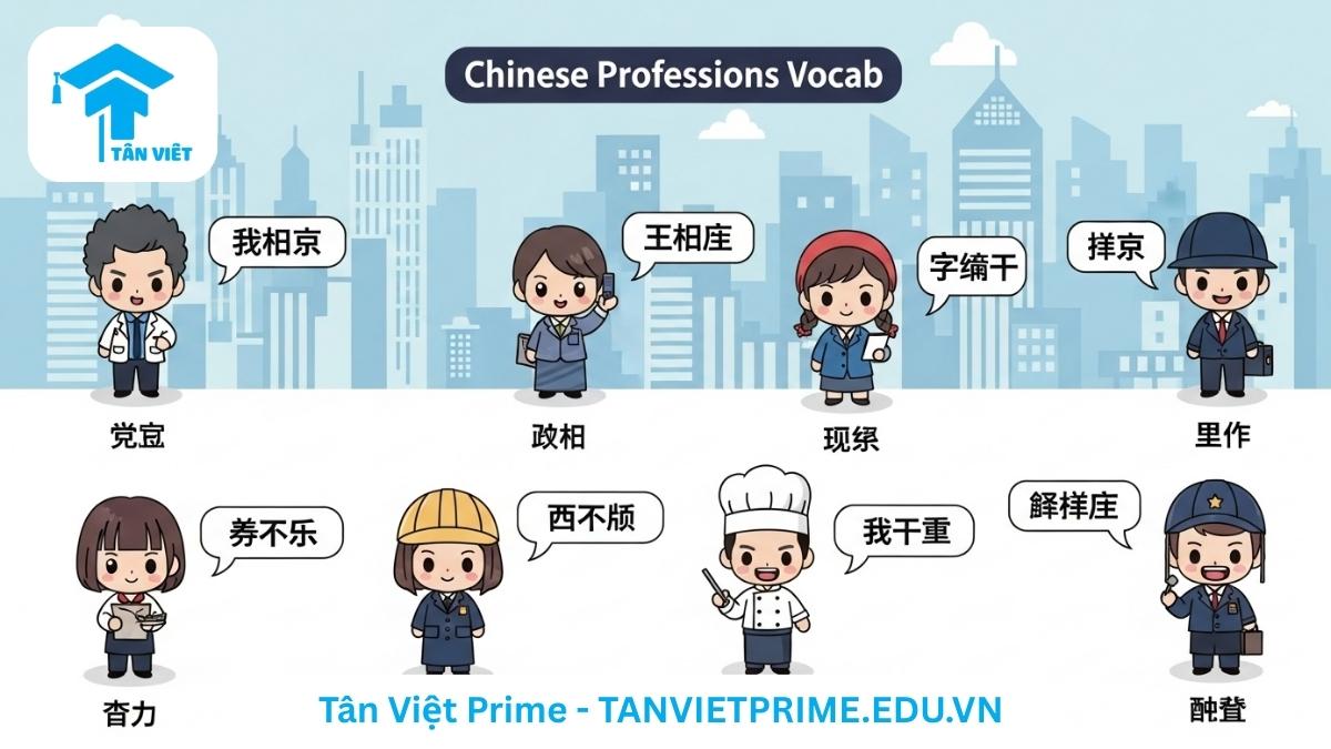 Infographic minh họa từ vựng tiếng Trung chủ đề nghề nghiệp, mô tả các nhân vật chibi đại diện cho nhiều ngành nghề (bác sĩ, giáo viên, kỹ sư...) với tên tiếng Trung của họ để làm rõ các chức danh phổ biến. Hỗ trợ người học nhận diện và ghi nhớ từ vựng dễ dàng.