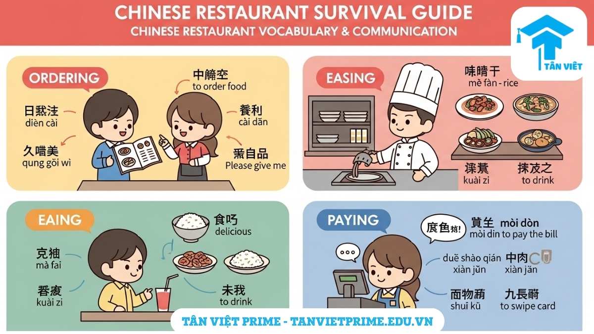 Infographic giải thích các tình huống giao tiếp tiếng Trung trong nhà hàng, mô tả cảnh khách gọi món, đầu bếp chuẩn bị và thanh toán để làm rõ các bước trải nghiệm ẩm thực. Giúp người học tiếng Trung tự tin hơn khi đi ăn.