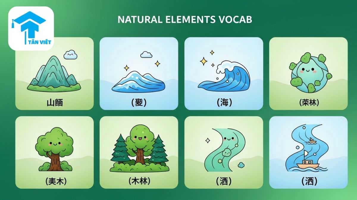 Hình ảnh minh họa các từ vựng tiếng Trung về yếu tố tự nhiên, mô tả từng biểu tượng núi (山), biển (海), rừng (森林), sông (河流) theo phong cách chibi, để làm rõ cách gọi tên cảnh vật cụ thể. Giúp dễ dàng ghi nhớ từ vựng.