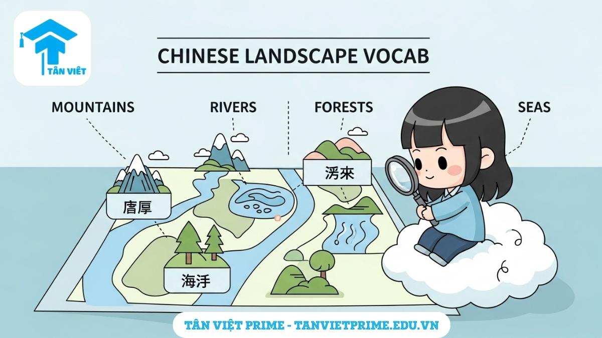 Infographic giải thích các từ vựng tiếng Trung về phong cảnh, mô tả một nhân vật chibi đang khám phá các biểu tượng núi, biển, rừng, sông trên bản đồ, để làm rõ khái niệm cốt lõi về cảnh quan thiên nhiên. Hữu ích cho người học Hán ngữ.