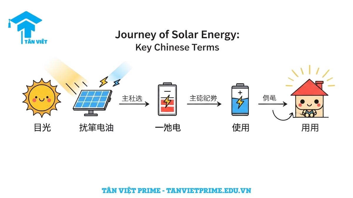 Sơ đồ giải thích Từ vựng Tiếng Trung quy trình quang điện, mô tả hành trình của năng lượng từ mặt trời (太阳能) qua tấm pin (光伏) đến pin lưu trữ (储能) và sử dụng, để làm rõ các thuật ngữ cốt lõi. Học từ vựng theo quy trình logic.