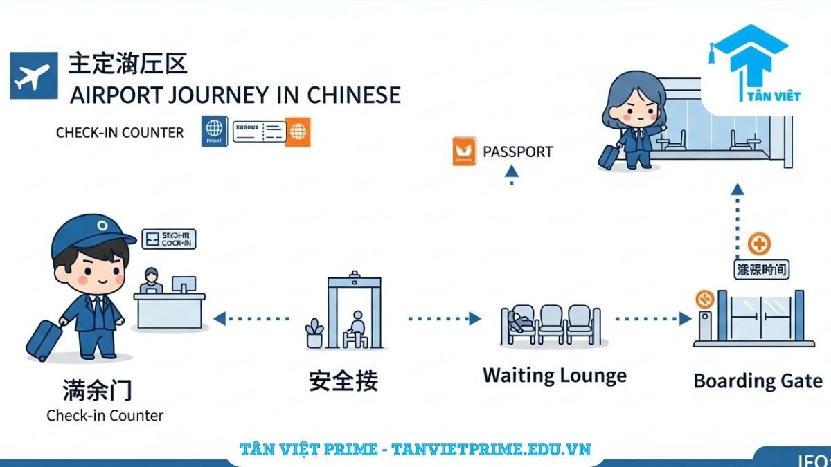 Từ Vựng Tiếng Trung Sân Bay (2025): Cẩm Nang Giao Tiếp Toàn Diện A-Z 2 Infographic giải thích từ vựng tiếng Trung tại sân bay, mô tả hành trình của một nhân vật chibi qua các khu vực chính như check-in, an ninh, và cổng lên máy bay để làm rõ các bước và từ vựng tương ứng khi làm thủ tục hàng không. Giúp người học hình dung toàn bộ quy trình.
