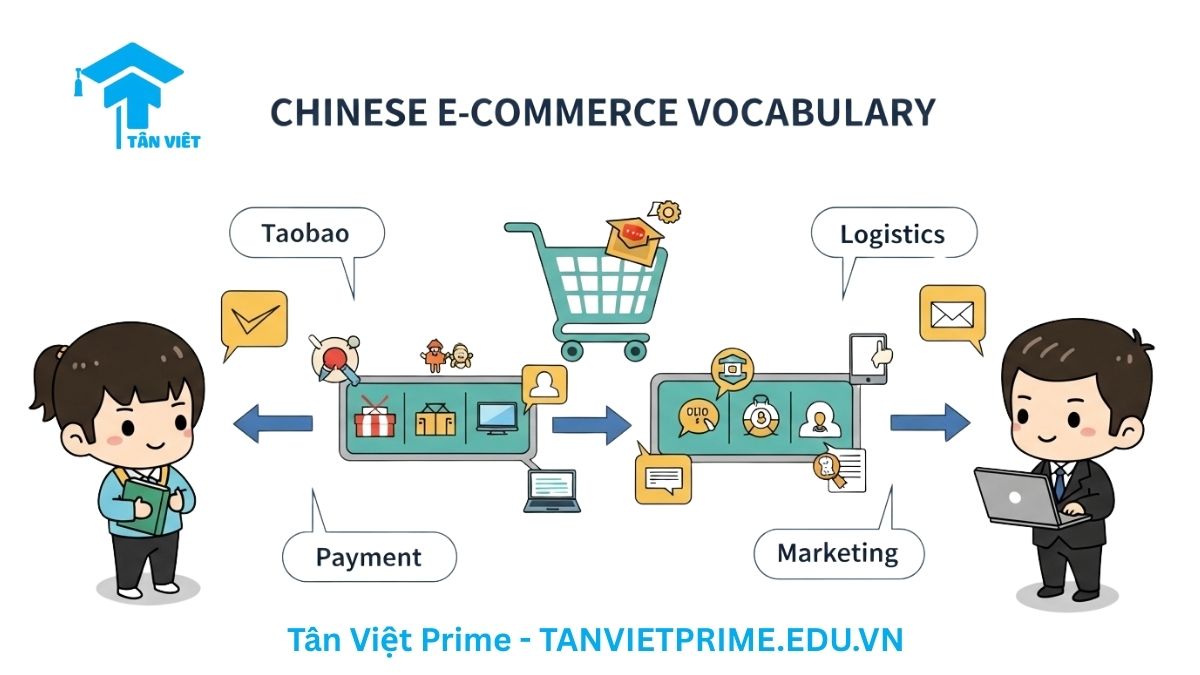 Infographic giải thích từ vựng tiếng Trung thương mại điện tử, mô tả hành trình mua sắm online với các khái niệm Taobao, Logistics, Thanh toán, Marketing cùng hình ảnh chibi học viên và doanh nhân, để làm rõ các thuật ngữ cốt lõi. Cẩm nang từ A-Z cho người học và kinh doanh.
