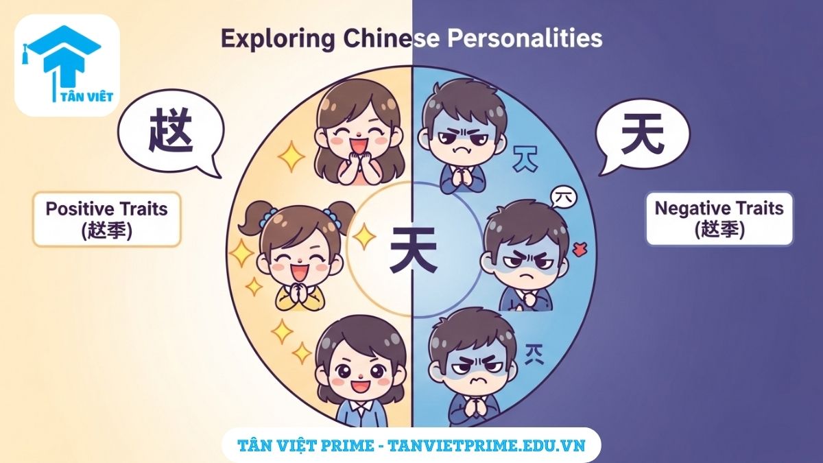 Infographic giải thích Từ vựng Tiếng Trung về Tính cách, mô tả một bánh xe chia đôi giữa tính cách tích cực (chibi vui vẻ) và tiêu cực (chibi cau có) để làm rõ sự đối lập. Bao gồm các Hán tự và Pinyin cơ bản.