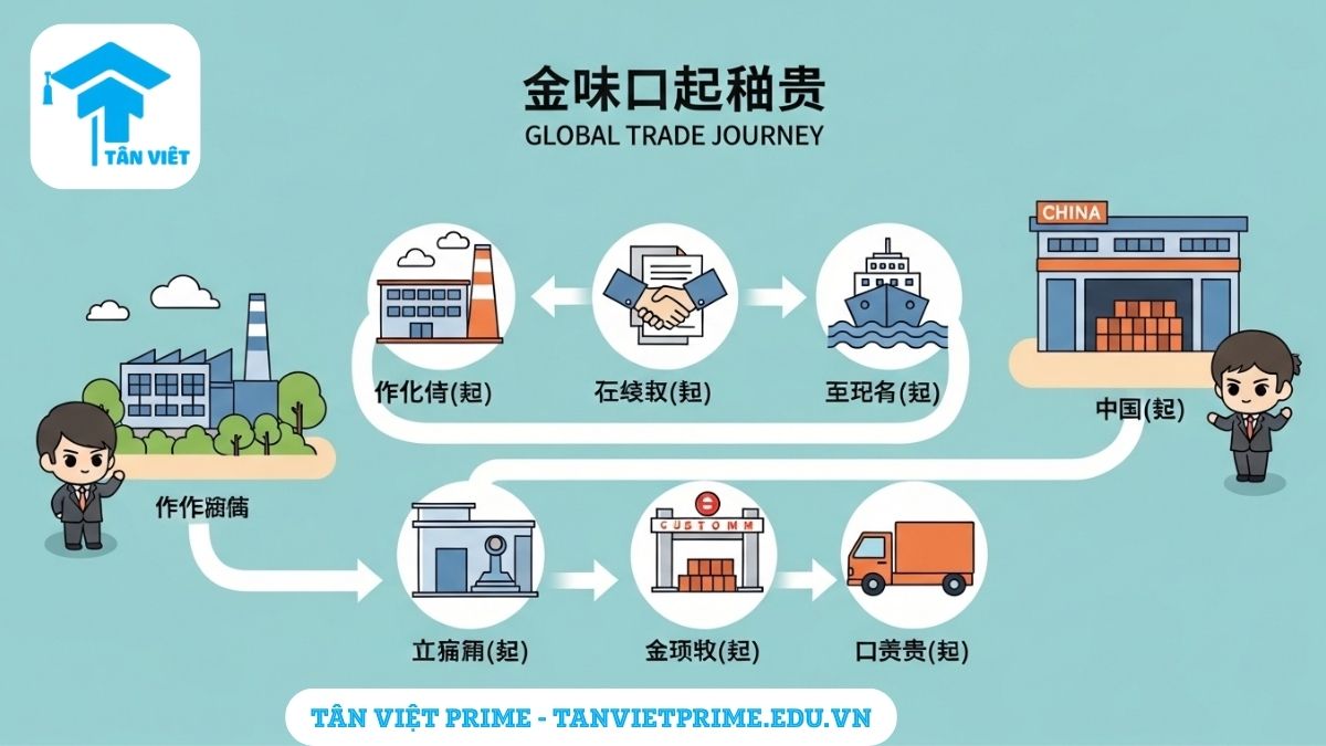 Infographic giải thích quy trình xuất nhập khẩu Việt - Trung, mô tả một con đường minh họa các bước từ nhà máy, ký hợp đồng, vận chuyển, qua hải quan đến giao hàng, để làm rõ các giai đoạn chính trong chuỗi cung ứng quốc tế. Bao gồm các từ vựng tiếng Trung logistics quan trọng.