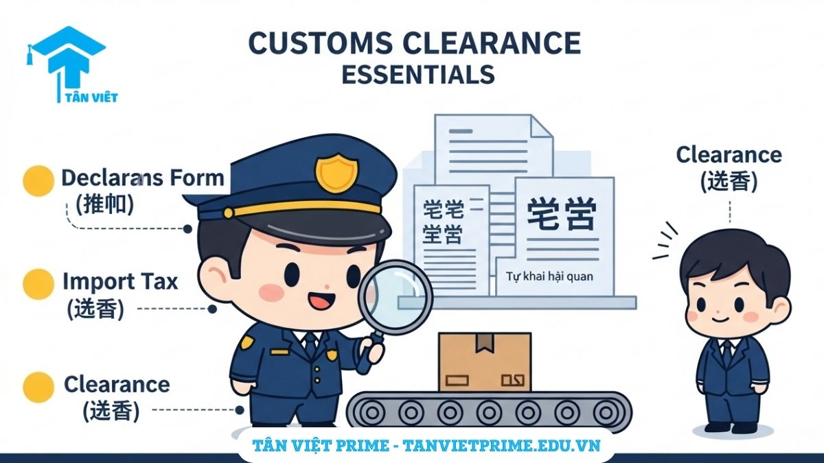 Hình ảnh minh họa giải thích thủ tục hải quan trong xuất nhập khẩu, mô tả nhân viên hải quan chibi đang kiểm tra hàng hóa với các chứng từ tiếng Trung xung quanh, để làm rõ tầm quan trọng của việc khai báo và kiểm tra hàng hóa. Cung cấp các thuật ngữ tiếng Trung về thuế và thông quan.