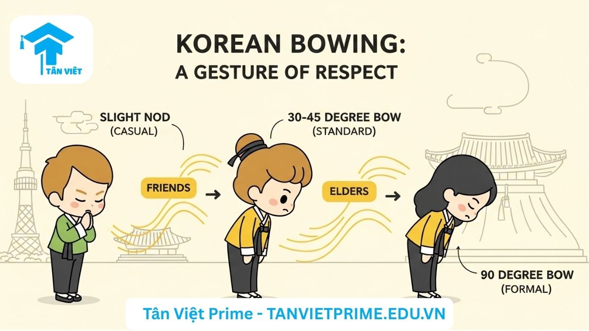 Xin Chào Tiếng Hàn: Cẩm Nang Toàn Diện Về 안녕하세요, 안녕 & Các Mẫu Câu Giao Tiếp 3 Hình ảnh minh họa sơ đồ văn hóa cúi chào trong tiếng Hàn, mô tả các mức độ cúi đầu của nhân vật chibi (gật đầu, 30-45 độ, 90 độ) và ngữ cảnh sử dụng, giúp người đọc hiểu rõ nghi thức tôn trọng trong giao tiếp.