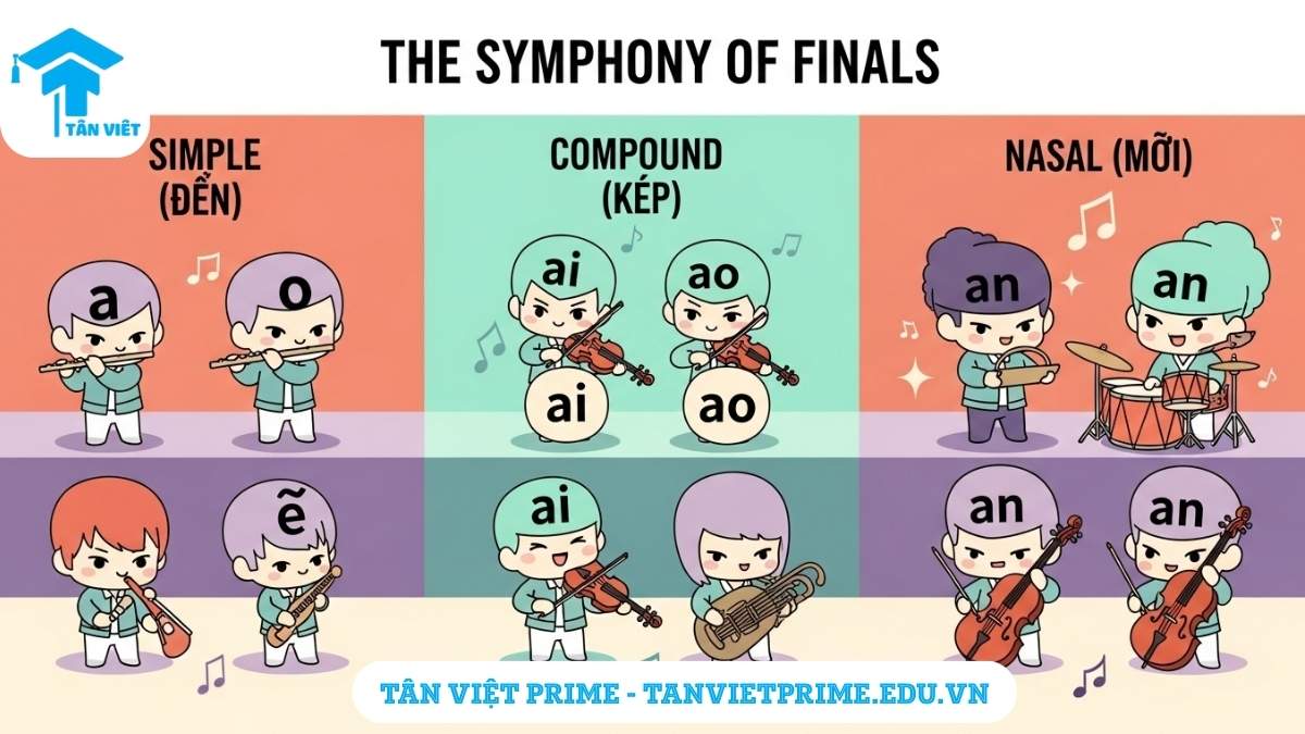 Infographic giải thích các loại Vận Mẫu Tiếng Trung, mô tả một dàn nhạc giao hưởng chibi, nơi mỗi nhóm nhạc cụ đại diện cho nguyên âm đơn, kép, và mũi để làm rõ cách phân loại và âm thanh của chúng. Hướng dẫn phát âm Pinyin.