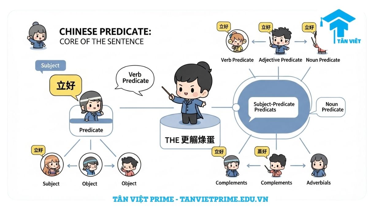 Infographic giải thích khái niệm Vị ngữ trong tiếng Trung (谓语), mô tả các loại vị ngữ chính (động từ, tính từ, danh từ, chủ-vị) và mối quan hệ với chủ ngữ, bổ ngữ, trạng ngữ bằng hình ảnh chibi đáng yêu, để làm rõ vai trò cốt lõi của vị ngữ trong cấu trúc câu. Giúp người học dễ dàng nắm bắt ngữ pháp Hán ngữ cơ bản.