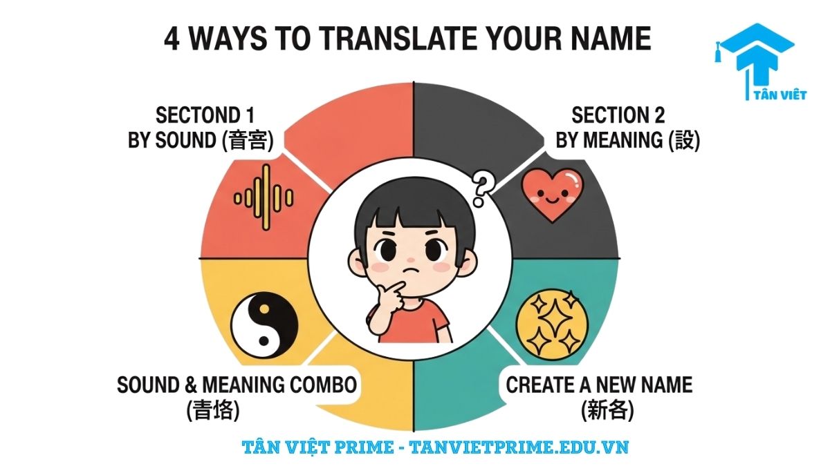 Dịch Tên Tiếng Việt Sang Tiếng Trung: Hướng Dẫn A-Z & Bảng Tra Cứu Đầy Đủ Nhất 3 Sơ đồ infographic giải thích bốn phương pháp dịch tên tiếng Việt sang tiếng Trung, với bốn biểu tượng (sóng âm, trái tim, âm dương, ngôi sao) tương ứng với các cách dịch theo phiên âm, theo ý nghĩa, kết hợp cả hai, và tạo tên mới, giúp người học lựa chọn được phương pháp phù hợp.