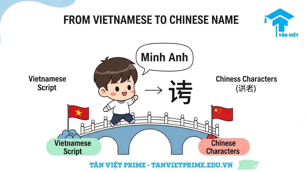 Dịch Tên Tiếng Việt Sang Tiếng Trung: Hướng Dẫn A-Z & Bảng Tra Cứu Đầy Đủ Nhất 2 Infographic giải thích quy trình dịch tên tiếng Việt sang tiếng Trung, mô tả một nhân vật chibi đi qua cây cầu nối giữa cờ Việt Nam và cờ Trung Quốc, tượng trưng cho sự chuyển đổi ngôn ngữ từ tên gốc sang chữ Hán và Pinyin.