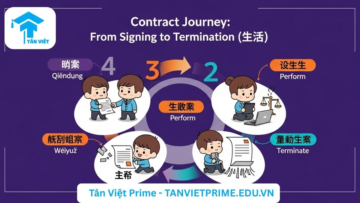 Sơ đồ minh họa vòng đời của hợp đồng tiếng Trung, mô tả các giai đoạn từ ký kết (签订), thực hiện (履行), vi phạm (违约) cho đến chấm dứt (终止) bằng các biểu tượng và nhân vật chibi, giúp hình dung quy trình pháp lý của một thỏa thuận.