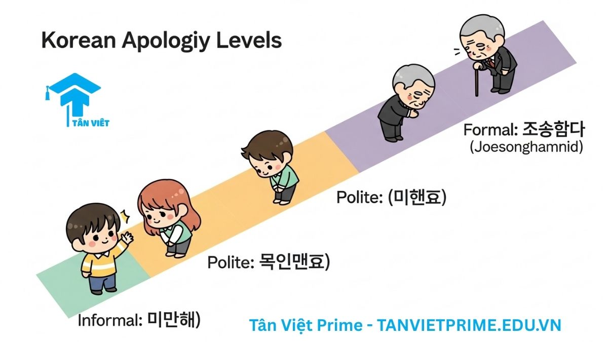 Cách Nói "Xin Lỗi" Tiếng Hàn? Toàn Tập Các Cấp Độ Lịch Sự & Văn Hóa Ứng Xử 2 Infographic giải thích các cấp độ lịch sự khi xin lỗi tiếng Hàn, mô tả ba nhân vật chibi minh họa cho các mức độ từ thân mật (미안해), lịch sự (미안해요) đến trang trọng (죄송합니다) để làm rõ cách dùng đúng kính ngữ.